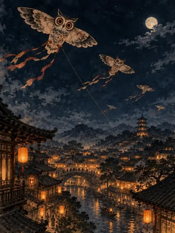 《纸鸢与守夜人》封面插画，国风国风、奇谈、诗意