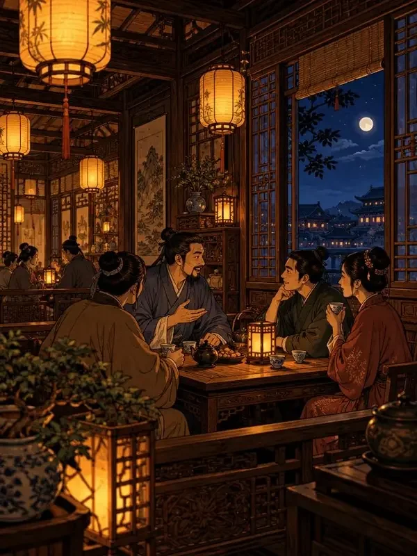 《子夜茶话馆》封面插画，国风国风、单元剧、治愈
